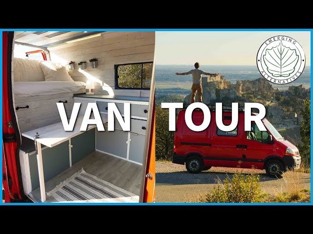 VAN TOUR - DIY Camper van / Studio Conversion (New bed and table ideas for short wheelbase van)