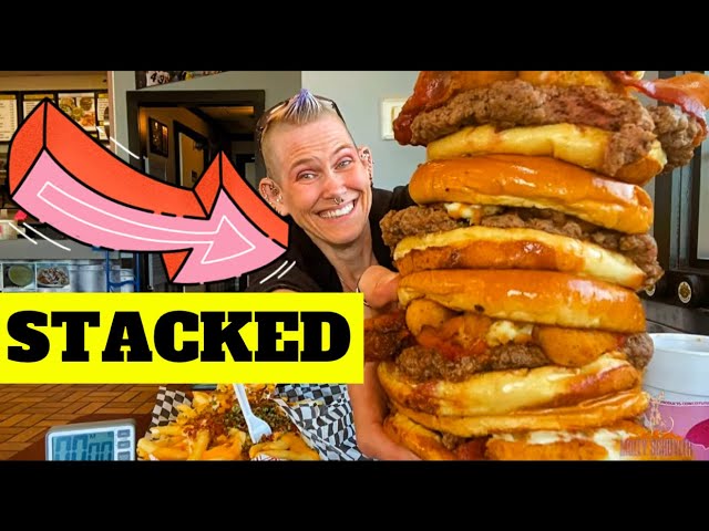 HUGE PAVS STACKED BURGER CHALLENGE! CAN I DO 2?!? RANDY SANTEL ~ MOLLY SCHUYLER EATS