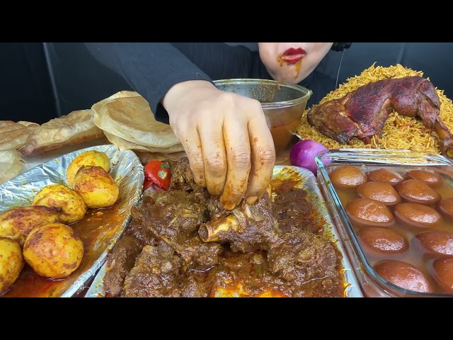 ASMR EATING PURI MUTTON CURRY, EGG CURRY, CHICKEN BIRYANI, GULAB JAMUN