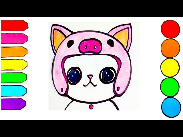 How to Draw an ai Dancing Cat | Cat Wearing a Pig Helmet Easy Animals Drawing for Kids Step by Step