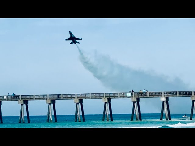 F-16 Flies Super Slowly Over Pier, Then "Hits the Gas".