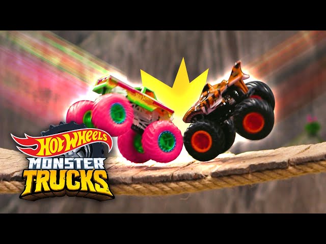 CAN THE MONSTER TRUCKS CROSS THE DANGEROUS RICKETY BRIDGE?! 😱 | Hot Wheels