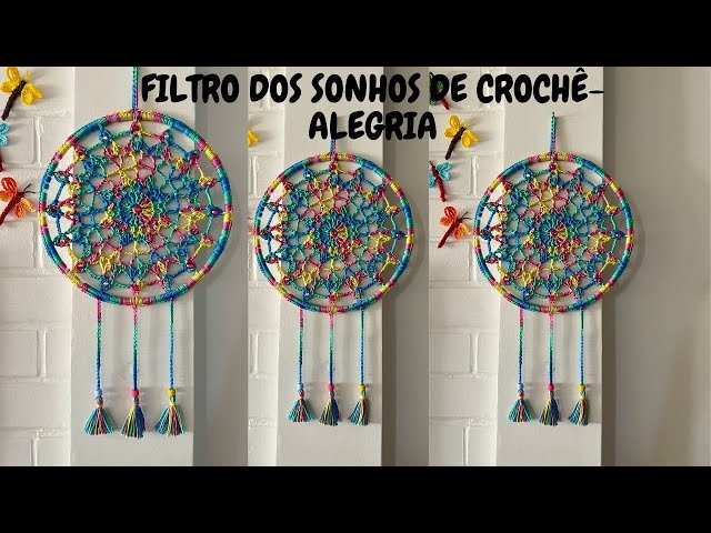 Filtro dos sonhos de crochê - Mandala da alegria - Colorida e com brilho