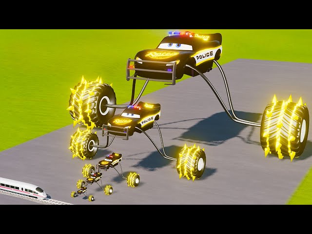 Big & Small Spider Police Glow Stripes Monster Truck McQueen Thorns vs Thomas the Train BeamNG.Drive