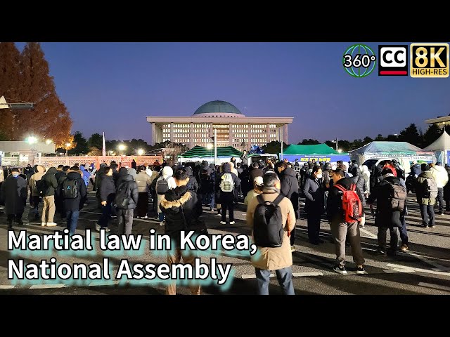 Martial law declared and lifted in Korea. Citizens in front of the National Assembly. 8K 360 video