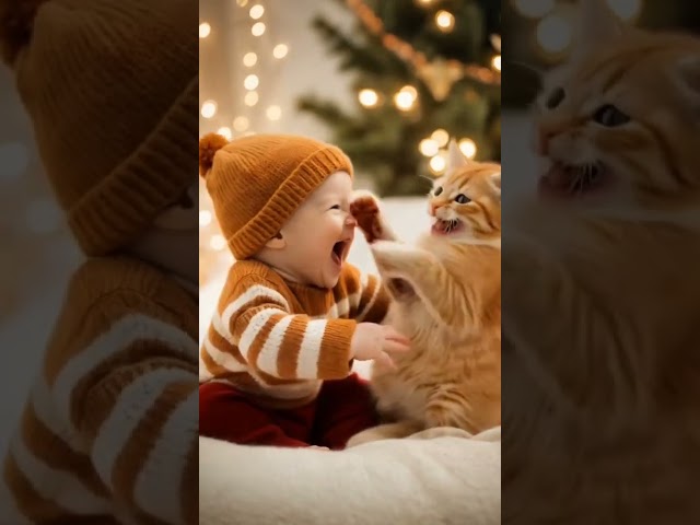 Cute baby and cat are laughing