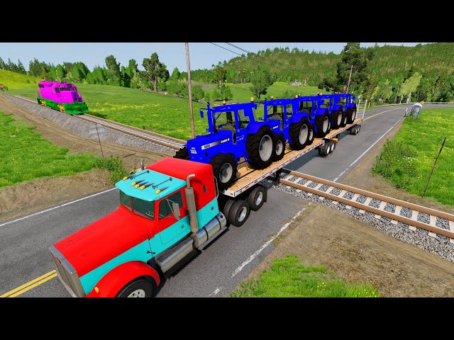 Double Flatbed Trailer Truck vs Speedbumps Train vs Cars | Train Tractor | Beamng.Drive Kon 1