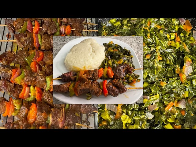 Dinner//collar greens//beef kabobs //ugali