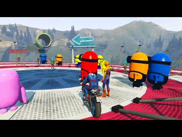 الأبطال الخارقين على دراجة نارية - Superheroes on a motorcycle ride on the stairs with sharks GTAV