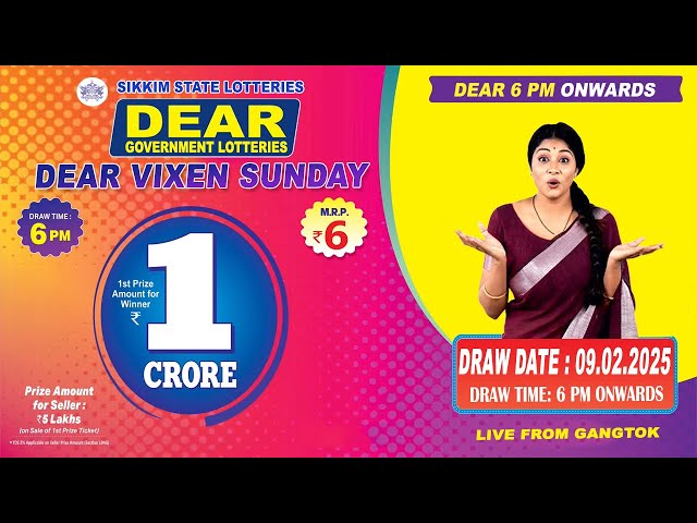 LOTTERY LIVE DEAR 6 PM 09.02.2025 SIKKIM STATE LOTTERY LIVE DRAW LOTTERY SAMBAD LIVE FROM GANGTOK