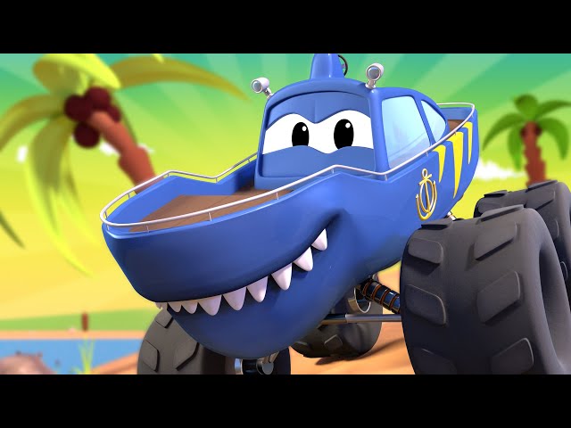 Monster Town MONSTER TRUCK SHARK TRUCK & the MONSTER TRUCK TOW TRUCK are Racing ! Car City Video