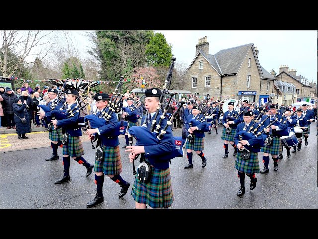 Scotland the Brave as Vale of Atholl Pipe Band march off at Pitlochry New Year 2025 Street Party