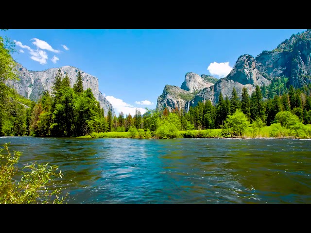 4k Merced River from Waterfall in USA Valley. Relaxing River White Noise/ Sleep/ Study/ Meditation.