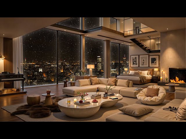 Snowy Winter Night ❄🌃 New York Apartment Ambience with Elegant Jazz Music for Relaxation