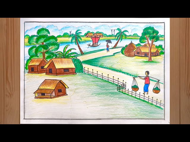 How to draw a scenery of Beautiful Nature | Easy Village Drawing | Nature Drawing for beginners