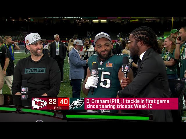 Nick Sirianni & Brandon Graham sit down at the desk following their Super Bowl win