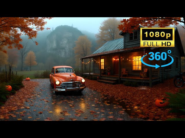 Rain Sounds for Deep Sleep in 360°  Vintage Car in Halloween Haunted Village with Thunderstorm