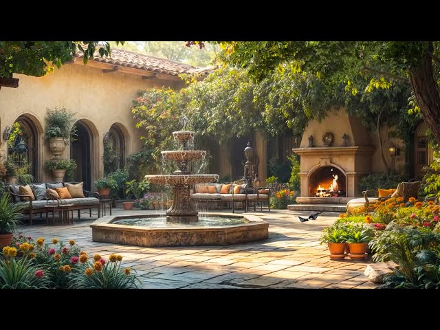 🌿⛲🔥 Tranquil Mediterranean Courtyard | Fountain, Fireplace, Birds Chirping & Wind Chimes 🎶🐦🍃