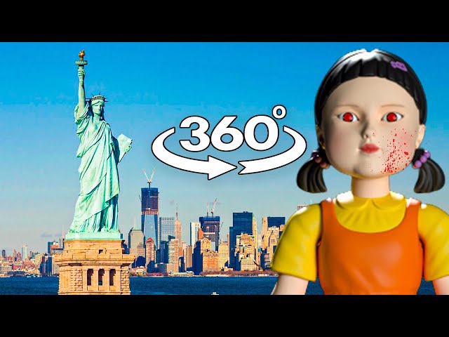 Squid Game - Red Light, Green Light  in New York  | Doll Attack in Statue of Liberty 360 Video | 4k