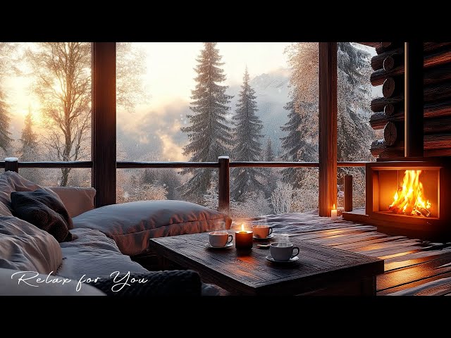 Morning Winter Coffee Porch Ambience with Warm Piano Music, Gentle Snowfall & Crackling Fireplace