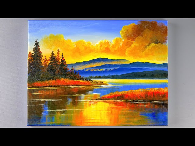 Acrylic Painting | Radiant Sunset Lake | Painting Tutorial