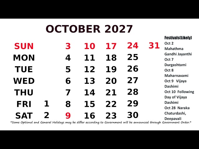 October Calendar 2027