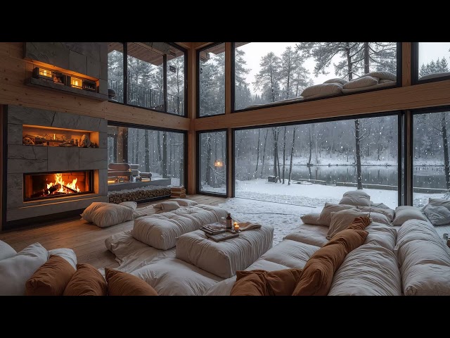 ❄️ Snowfall Day at Cozy Winter Forest Living Room Ambience - Stress Relives with Jazz Relaxing Music