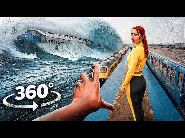 360° TRAIN STATION FLOOD 2 - Train Crash and Derailment due to Tsunami Wave VR 360 Video 4k ultra hd