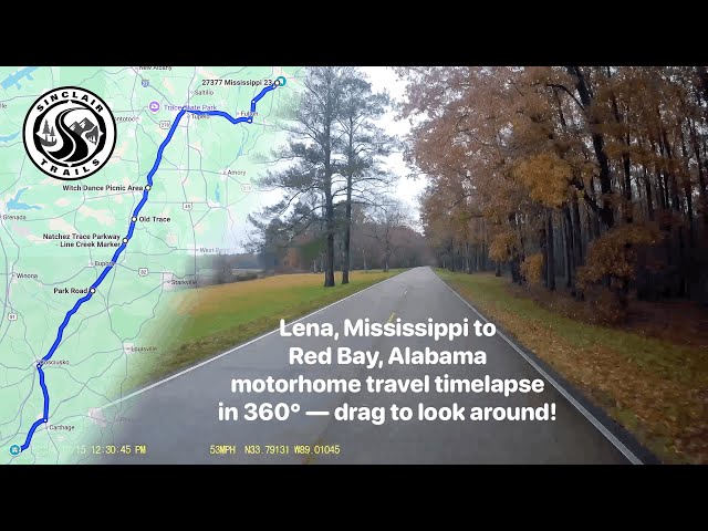 Lena, Mississippi to Red Bay, Alabama motorhome travel timelapse in 360°