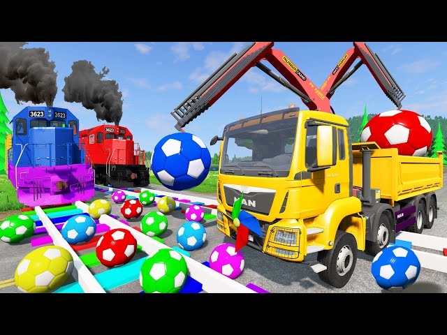 Cars vs Double Trains with Crane Truck Rescue Cars - BeamNG Drive