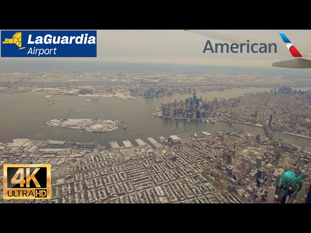 [4k] Amazing Aerial View of Manhattan New York City Final descent Landing at LaGuardia Airport LGA