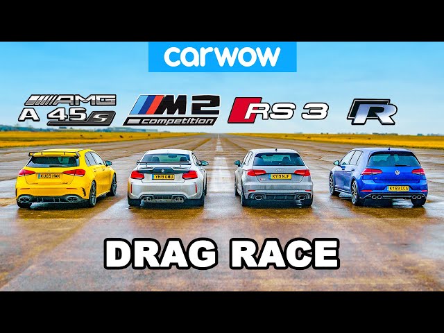 AMG A45S v BMW M2 v Audi RS3 v VW Golf R: DRAG RACE, ROLLING RACE & BRAKE TEST!