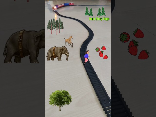 The Elephant and the horse are following the woman near the track and the train is approaching fast