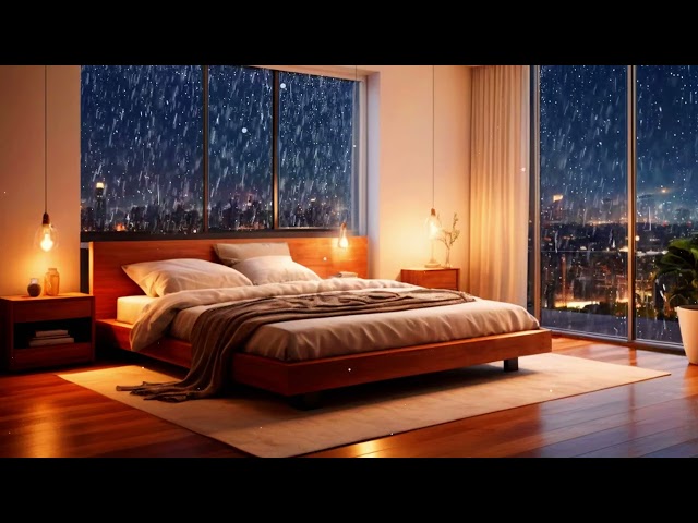 Soft Piano & Gentle Rain Falling Outside the Window at Night | Rain Sounds for Sleep & Study