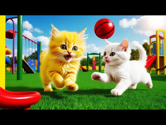 Two cats played ball together on the playground