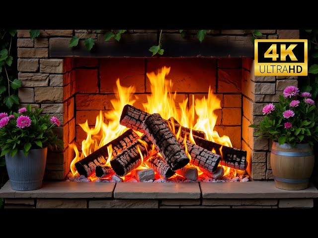 🔥 4K Spring Rustic Fireplace 🔥 Crackling Fire & Tranquil Floral Ambience for Relaxation