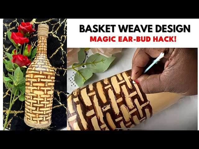 Simple Bottle Art|Easy   Acrylic painting   Using Ear Bud  |Basket weaving effect on glass bottle