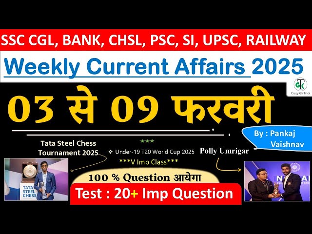 3-9 Feb 2025 Weekly Current Affairs | Most Important Current Affairs 2024 | CrazyGkTrick