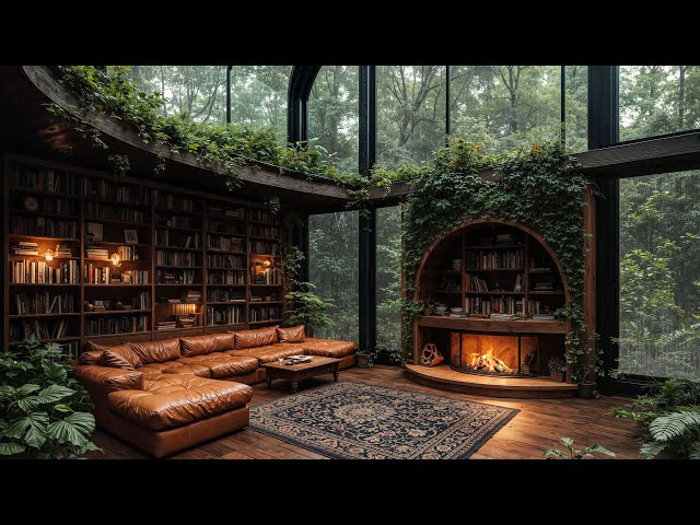 Rainy Jazz Ambience ⛈️ Warm Jazz Instrumental Music at Cozy Forest Cabin to Studying, Working, Relax