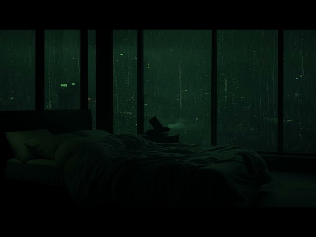 Soft Rain Sounds for Sleep in a Cozy Bedroom with a Window View of a Foggy, Green Cityscape