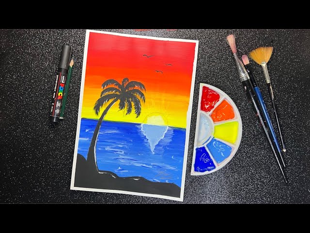 Sunset Palm tree Landscape painting with Acrylics - step by step - for Beginners