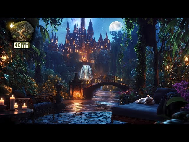 🌙 Night Terrace Ambience: Cat Purring, Nature Sounds & Waterfall by a Magical Castle