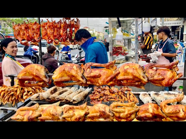 Amazing Cambodian street food . So delicious Plenty food, Chicken, Fish, Pork, Honey roast duck