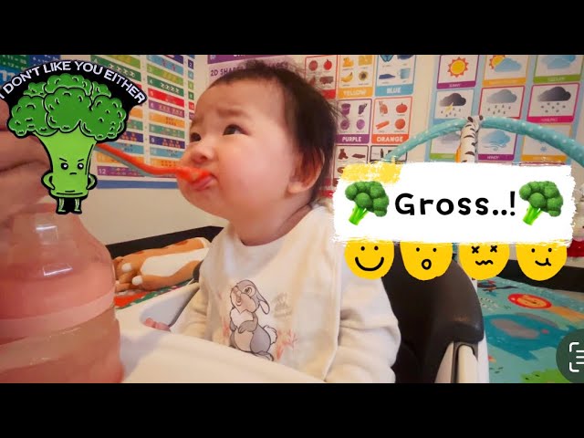 Tiny tastes: Baby tries new food (broccoli) 🤢baby food’s journey from milk to solid #babyValerie