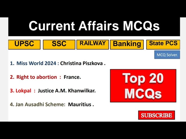 Top 20 Current Affairs MCQ | Current Affairs MCQs 2024 | Current Affairs 2024