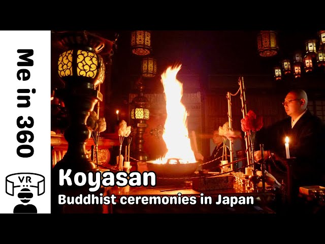 The Great Pagoda and Buddhist ceremonies with chanting monks in Koyasan, Japan - 360 VR