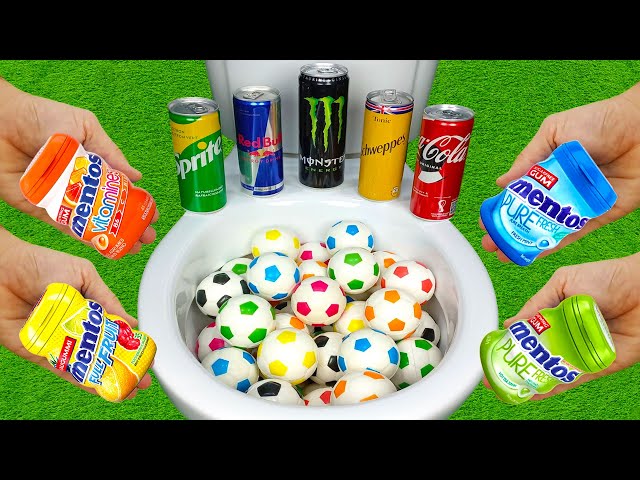 Football VS Coca Cola Zero, Sprite, Red Bull, Monster, Schweppes and Fruity Mentos in the toilet