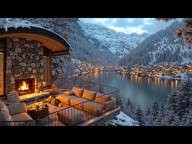 Tranquil Winter Nights ~ Cozy Terrace Retreat with Smooth Jazz & Warm Fireplace in a Snowy Setting❄️