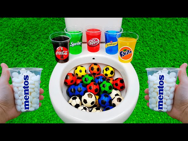 Football VS Popular Sodas !! Fanta, Coca Cola, Schweppes, Dr Pepper, Sprite and Mentos in the toilet