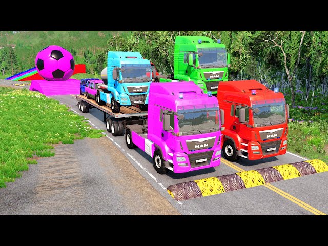 Double Flatbed Trailer Truck vs Speedbumps Train vs Cars | Tractor vs Train Beamng.Drive 003